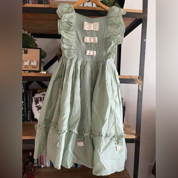 HTF Mini Boden Girls Green Organza Bow Party Dress size 9/10 - Picture 2 of 14